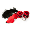 This beginner-friendly fetish set includes a leather faux-fur lined blindfold, faux-fur wrist cuffs and a feather tickler. This beginner-friendly fetish set includes a leather faux-fur lined blindfold, faux-fur wrist cuffs and a feather tickler.