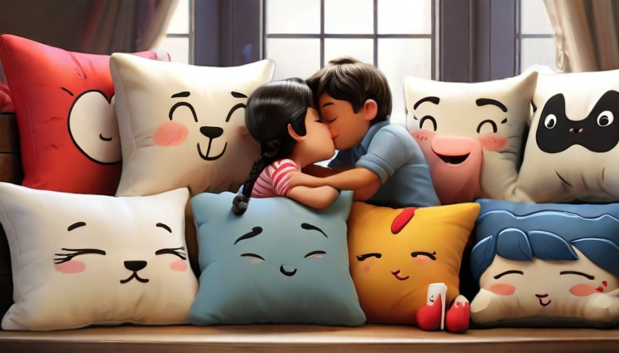 Image of Bunnyholez a man and woman kiss while surrounded by smiling pillows."